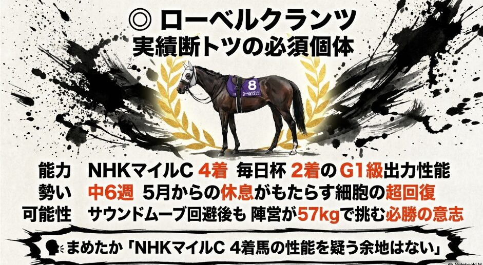 ◎ ローベルクランツ： Rt 111の格上性能と57kgのハンデ克服。まめたかの「実績は断トツ」という断定的なコメント