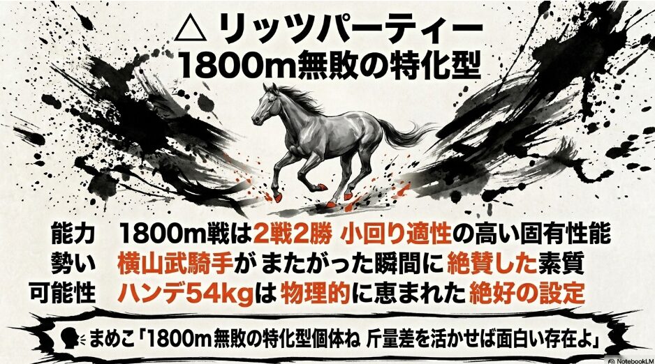 △ リッツパーティー： 1800m戦2戦2勝の特化型個体。まめこの「斤量差を活かせば面白い」という冷静な分析