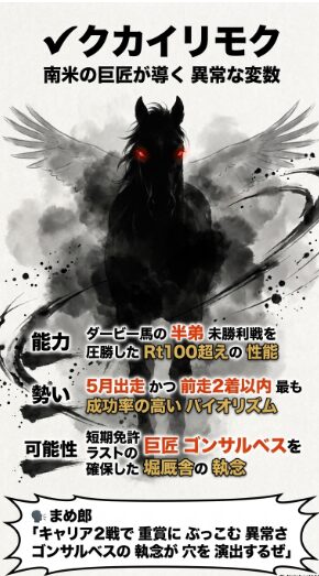 ✔︎ クカイリモク： 短期免許ラストウィークのF.ゴンサルベス騎手配備。まめ郎の「南米の巨匠の執念を見ろ」というべらんめえ調コメント