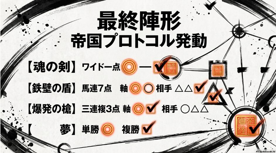 最終陣形： ワイド一点（◎-✔︎）、馬連7点、三連複3点という買い目プロトコルに基づくフォーマット