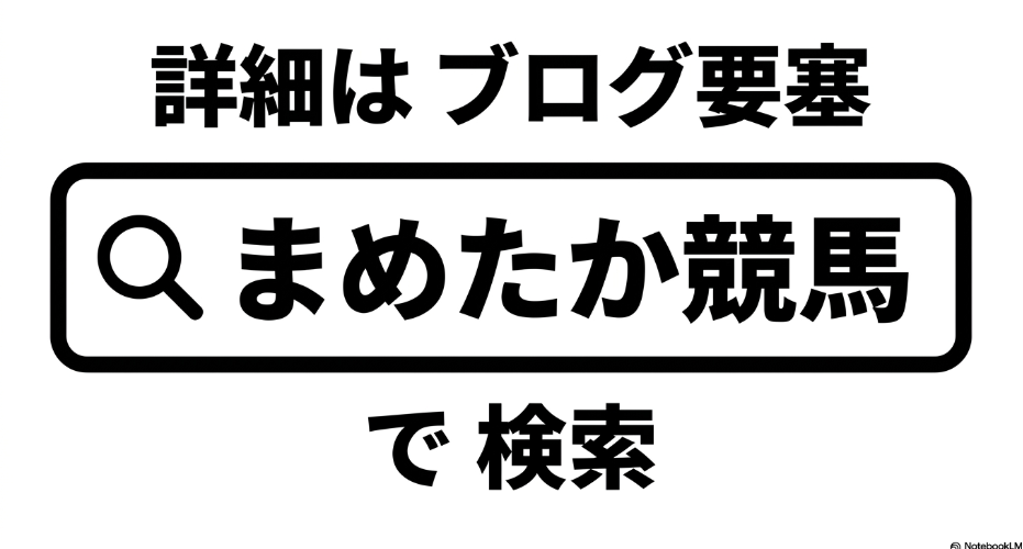 詳細は ブログ要塞「まめたか競馬」で 検索するよう 促す
