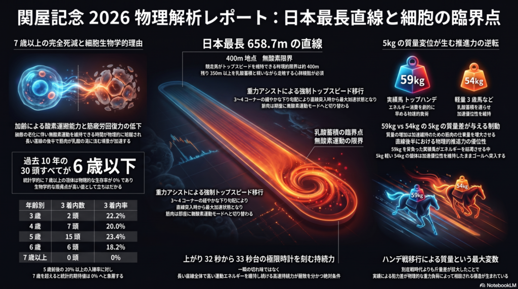 物理的特徴の図解（中央）： 新潟芝1600m外回りの高低差図。3～4コーナーの1.6mの下り勾配による重力アシストと、日本最長658.7mの直線での無酸素運動（400m限界）の飽和状態をネオンカラーのグラフで可視化
。
統計的死滅データの提示（左下）： 過去10年の年齢別成績グラフ。4〜6歳が30頭中28頭を占める一方、7歳以上の馬は生存率0%（0-0-0-25）であることを「細胞の老化と回復力低下」という生物学的根拠と共に断定
。
質量差による推進力の相関（右下）： 59kg（エルトンバローズ）と54kg（サンダーストラック等）の「5kgの質量差」が、直線の後半600m地点以降の筋肉の仕事量とエネルギー消費に与える影響を比較。質量の軽さが推進力の維持に直結することを図解
。
デザイン仕様： ダーク背景にネオンブルー（冷徹なデータ）とオレンジ（爆発的加速）のアクセント。ハイテクな分析装置を彷彿とさせる、権威あるスポーツアナリティクス・スタイル
