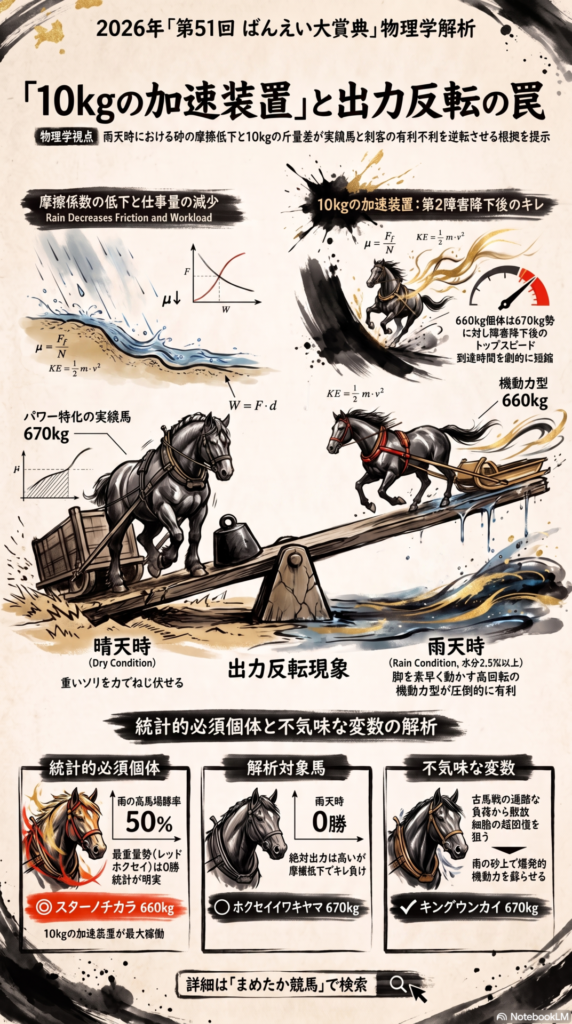 【グラフィック全体：雨の力学解析】 伝統的な水墨画と科学的な物理数式が融合したインフォグラフィック　中央に「雨による出力の反転現象」をテーマとした大型の相関図が配置されている
【データ：摩擦と質量の相克】 雨が降ることで砂の摩擦係数が低下し　「ソリを引く仕事量」が減少する物理プロセスを図解　これにより「パワー型（670kg組）」の優位性が消え　「機動力型（660kg組）」が相対的に加速する仕組みを可視化している
【統計：生存確率の対比】 水分2.5%以上の馬場における「勝率の異常偏り」をグラフ化　スターノチカラの「勝率50%」に対し　重量実績上位馬たちの「0勝」という対照的なデータを強調し　雨天時の波乱の根拠を提示している
【図解：10kgの加速装置】 第2障害降下後の「トップスピード到達時間」の比較図　670kgと660kgのわずか10kgの質量差が　摩擦の少ない雨の砂上で決定的な「加速Gの差」を生む瞬間をグラフで証明している
