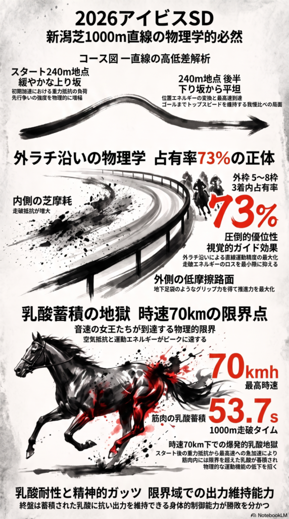 【全体概要】 新潟芝1000m直線コースの　物理学的負荷と　統計的偏りを　視覚化した　モノクロ水墨画調の　インフォグラフィック　重要な数値のみ　鮮烈な朱赤で　刻印
「外ラチ沿いの物理学」セクション： コースを俯瞰した　図解アイコン　5枠から8枠の　3着内占有率 73% という　朱赤の数値を強調　外ラチ沿いの　芝の摩耗の少なさと　摩擦抵抗軽減による　物理的推進力の　最大化プロセスを　矢印で表現
「乳酸蓄積の地獄」セクション： スタートから　ゴールまでの　エネルギー推移グラフ　最初の 240m の　緩やかな上り坂にかかる　重力抵抗（G）と　後半の時速 70km の　最高速域で　爆発的に蓄積する　乳酸の負荷を　赤色のグラデーションで　可視化
「コース断面図」セクション： 一直線に伸びる　コースの　標高差を　精密な線画で　表現　「上り」「下り」「平坦」の　各セクションの　距離と　馬体にかかる　物理的影響を　アイコンで　注釈
「統計的必須個体」セクション： 下部に　◎ピューロマジックの　レコードタイム 53.7秒 を　物理学的限界点として　大きく配置　絶対的な　スピードの　出力性能を　数式と共に　提示