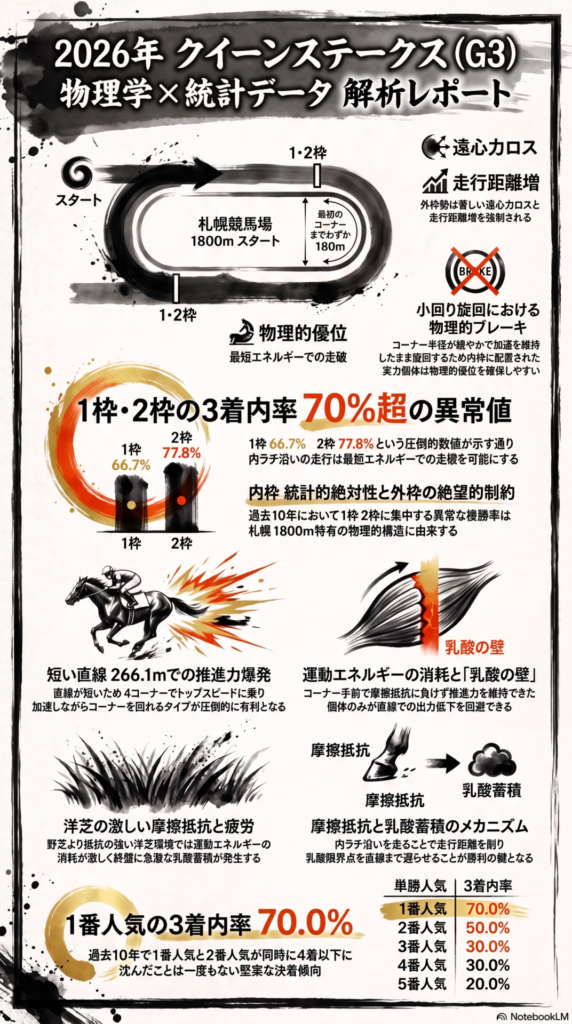 【全体構成】 躍動感あふれる爆発的水墨画（Sumi-e）朱赤で強調されている。
コース解析図：スタート地点から最初のコーナーまでわずか180メートルという絶望的な短さを図解。外枠の個体が受ける遠心力ロスと走行距離の増加をベクトル矢印で表現。
統計グラフ：過去10年の枠順別成績。**1枠（3着内率 66.7%）および2枠（同 77.8%）の圧倒的な突出を棒グラフで示し、「内枠複勝率 70%超の異常」**を中央に配置。
物理メカニズム解説：洋芝の摩擦抵抗による運動エネルギーの減衰と、乳酸蓄積の限界点を数式風のフォントで記述。短い直線266.1メートルにおける加速Gの重要性を説く。
人気別統計：1番人気の3着内率**70.0%**という盤石な安定度を示す円グラフ