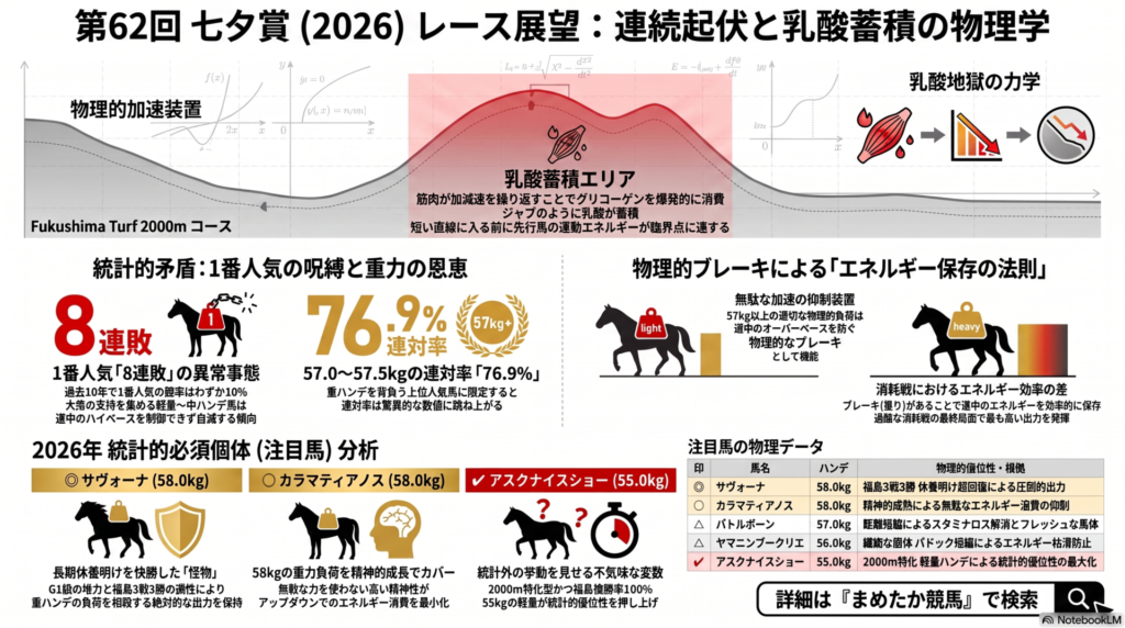 タイトル:第62回七夕賞(2026年)レース展望:連続する起伏と乳酸蓄積の物理学
全体概要: 福島芝2,000メートルの断面図を用い、コース特有の物理的負荷と統計的矛盾を可視化したインフォグラフィック。伝統的な水墨画の筆致にデジタルな数式が融合したデザイン
。
物理的構造の解説: コース断面図に「物理的加速装置(下り)」と「減速G(上り)」が波状に示され、繰り返される起伏が馬の筋肉組織へジャブのように乳酸を蓄積させ、臨界点を早める「乳酸地獄の力学」を図解
。
統計データの可視化: 「1番人気8連敗」という異常値と、対照的に「57〜57.5kgの重ハンデ馬が連対率76.9%」という驚異的な占有状態をグラフで表示
。
メカニズムの核心: 重ハンデが物理的なブレーキとなり、無駄な加速を抑制してエネルギーを効率的に保存することで、消耗戦の最終局面で最大出力を発揮できる「エネルギー保存の法則」を科学的に証明している