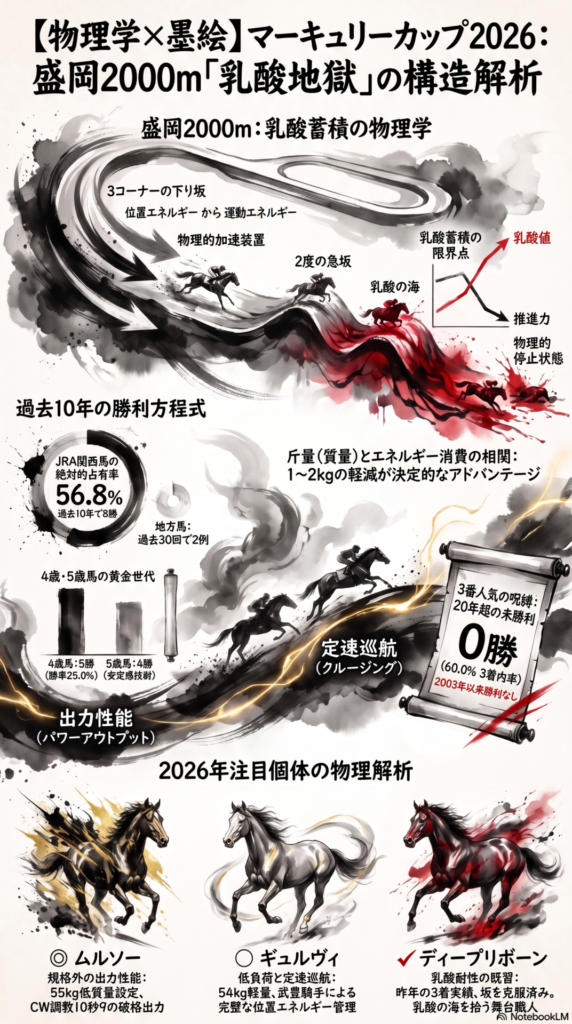 【画像タイトル】 盛岡競馬 2000メートルの 物理構造 解析
【画像説明】 爆発的な 筆致の 水墨画を 背景に 盛岡 ダート 2000mの 物理的 特徴と 過去 10年の 統計データを 視覚化した インフォグラフィック
【記述内容】
物理的 罠の 図解:
コース全体の 高低差 4.4mを 強調した 断面図
3コーナー 地点に 「物理的 加速装置(位置エネルギーの 解放)」 の 警告 アイコン
最後の 直線に 待ち構える 急坂に 「乳酸の 海(運動エネルギーの 枯渇)」 という 赤い 発光 エフェクトを 配置
統計的 真実の チャート:
所属別 占有率: JRA 関西馬が 過去 10年で 8勝 3着内率 56.8% という 圧倒的 数値を 棒グラフで 表示
年齢別 優位性: 4歳馬 5勝 5歳馬 4勝と 若い 世代が 勝利の 9割を 占める 円グラフ
人気の 呪縛: 「3番人気は 20年以上 勝利なし」 という 衝撃の 事実を 警告 文言として 記載