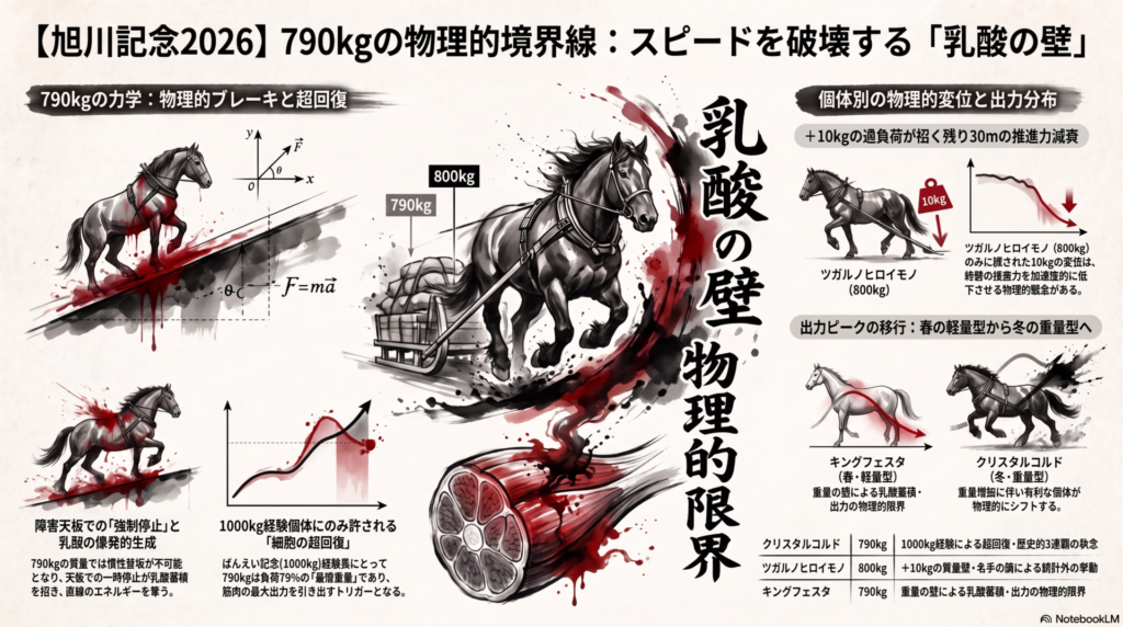 全体構造: 旭川記念2026における 「790kgの 物理的境界線と 10kgの壁」を テーマとした データビジュアライゼーション
。
物理的ブレーキの図解: 坂の 天板付近で 質量の 増加により 一時停止を 強いられ 筋肉内に 乳酸が 爆発的に 生成される メカニズムの 概念図
。
1000kg経験値の比較: ばんえい記念(1000kg)を 経験した 個体(クリスタルコルド等)にとって 790kgは 「超回復」を 促す 最適重量であることを 示す 対比グラフ
。
+10kgの推進力減衰: 他の 有力馬が 790kgの中 ツガルノヒロイモノだけが 背負う 800kgの 質量変位が 残り 30mの 推進力減衰率を 跳ね上げる 物理的懸念の 可視化
。
出力ピークの移行分布: 春の 軽量型(キングフェスタ)から 7月の 中重量型(クリスタルコルド)へと 出力の 最適解が 移行する 分布図