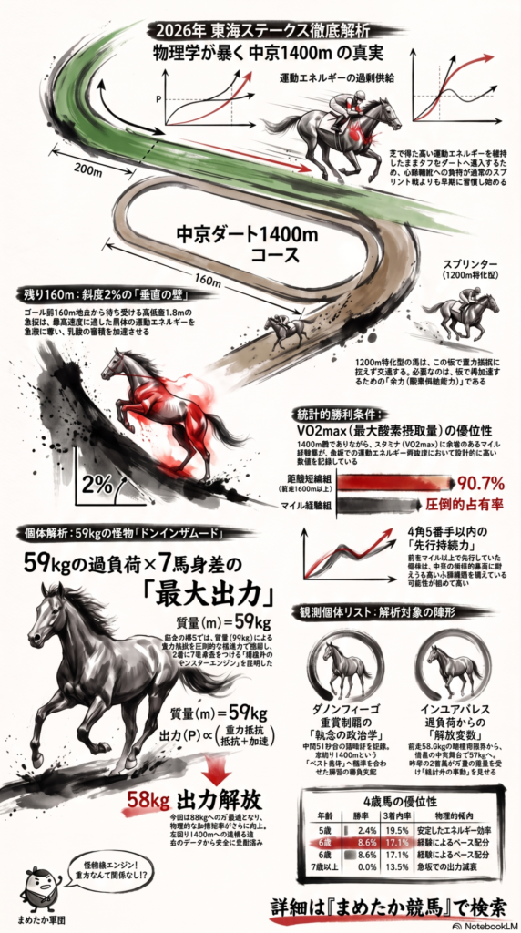 タイトル・全体像 2026年 東海ステークス 物理学的解析インフォグラフィック 伝統的な 墨絵スタイルと 現代的な 物理数式が 融合した デザイン [Artifacts, 60]
図解1：芝スタートの罠 スタート直後 約200mの 芝区間を 示す マップ 芝による 摩擦抵抗の 減少が 初速を 強制的に 吊り上げ 異常な 前傾ラップを 生み出す 物理的メカニズムの 解説
図解2：乳酸の壁 残り160m地点から 始まる 高低差 1.8mの 急坂の 断面図 スプリンターが 蓄積した 乳酸により 運動エネルギーを 急激に 喪失する 物理的トラップの 視覚化
図解3：距離短縮組の優位性 マイル以上の 距離を 経験した 個体の 酸素供給能力（VO2max） と 短距離馬の スタミナ 比較グラフ 距離短縮組が 急坂で 再加速できる 統計的根拠の 提示
図解4：59kgの怪物 ドンインザムードの 物理解析データ 質量 59kgの 負荷（重力抵抗）を 圧倒的推進力で 相殺し 7馬身差を つけた 最大出力性能（Rt 112） の モンスターエンジン 解説