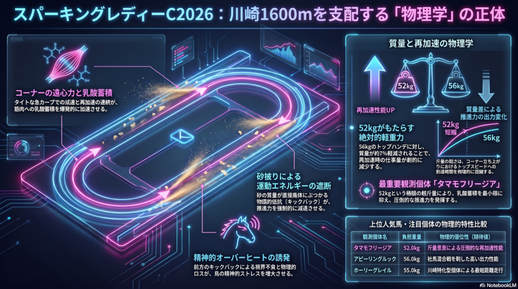 2026年スパーキングレディーカップ(川崎1600m)の物理的勝機を解析するインフォグラフィック。
タイトなコーナーと乳酸蓄積の図解: 川崎競馬場固有の小さなコーナー半径が生む「遠心力負荷」と、再加速時に発生する筋肉への「乳酸蓄積」のメカニズムを3Dコースマップ上に赤色で可視化
。
砂被りによるエネルギー遮断: 前走馬のキックバックが後続馬の運動エネルギーを物理的に遮断する「物理的抵抗」の概念図
。
52kgの絶対的軽重力: 3歳馬タマモフリージアに適用される52kgという斤量が、56kgの他馬と比較して「再加速時の仕事量」を劇的に軽減し、推進力へと変換される質量比の統計チャート
。
デザイン: ダーク背景にネオンブルーのアクセント。権威あるスポーツ科学レポートとしての風格を備えたデザイン
。