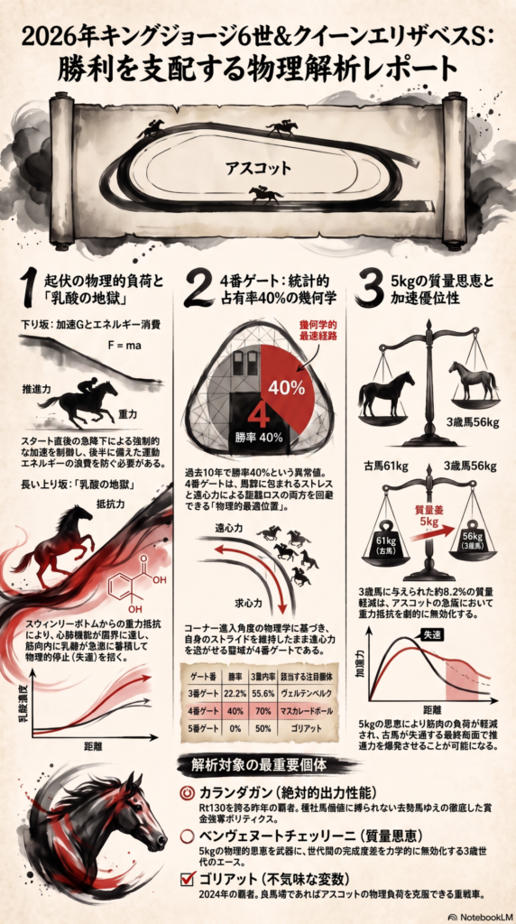 【タイトル：2026年競馬物理解析レポート】 「2026年キングジョージ6世＆クイーンエリザベスステークスの物理学的解析図解。アスコット競馬場の高低差が心肺機能（VO2max）に与える影響と乳酸蓄積のメカニズム、過去10年で勝率40%を誇る4番ゲートのコーナー進入角度と遠心力の統計データ、および3歳馬が受ける5kgの質量恩恵（56kg）による加速優位性を学術的に示したインフォグラフィック」