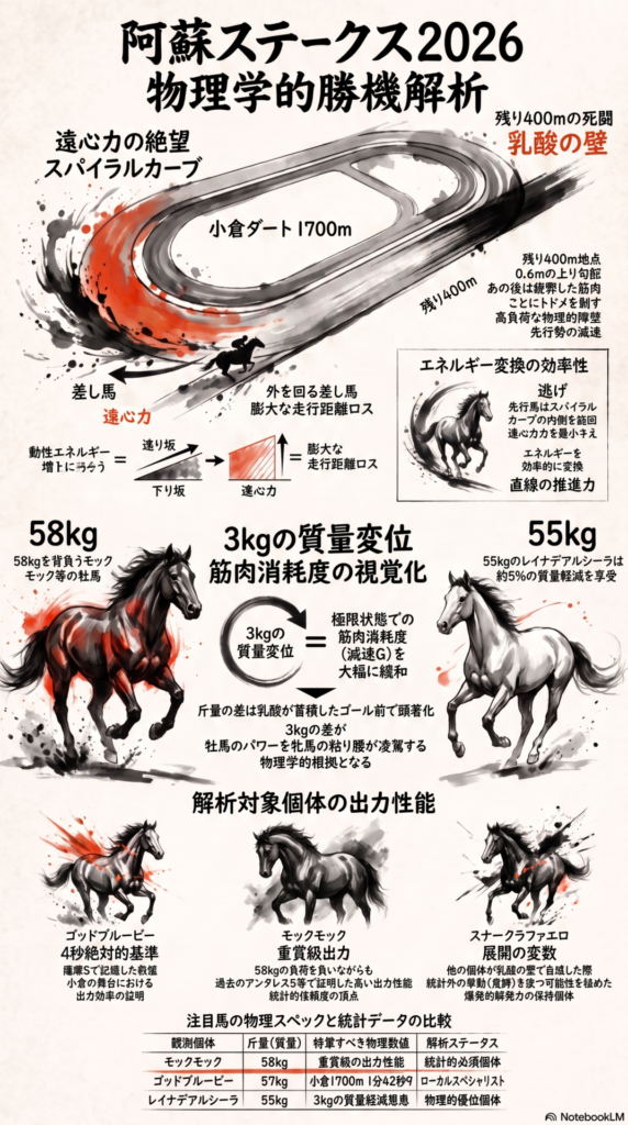 小倉ダート1700mの物理的罠（遠心力）： 2コーナーの丘から始まる下り坂で運動エネルギーが増大
。スパイラルカーブによる強烈な遠心力の発生と、それによって外へ膨らまされる差し馬の物理的走行距離ロスを視覚化
。
乳酸の壁： 残り400m地点から始まる0.6mの上り勾配。疲弊した筋肉にトドメを刺す「減速G」の発生ポイント
。
3kgの質量変位（物理的優位）： 58kgを背負う牡馬（モックモック等）と、55kgの斤量恩恵を受ける牝馬（レイナデアルシーラ）の筋肉消耗度の差を解析 [Infographic 2, 17]。3kg（約5%）の軽量化が、乳酸蓄積時の失速を物理的に緩和させる根拠
。
ローカルスペシャリストの数値： ゴッドブルービーが薩摩ステークスで記録した 1分42秒9（重） という物理的数値を強調
。オープンクラスでも通用する出力性能の証 