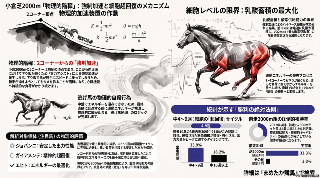 小倉芝2000m特有の 物理的陥穽を 可視化した インフォグラフィック。 2コーナー頂点から 向正面にかけて 発生する 下り勾配による 「重力アシスト（強制加速）」 が 馬の 息を入れる 区間を 物理的に 剥奪し 乳酸蓄積を 最大化させる メカニズムを 解説。 統計データとして 「中4〜9週の 超回復サイクル（3着内 21/30頭）」 と 「前走2000m組の 圧倒的複勝率（33.3%）」 を 物理的根拠と 共に 統合した 解析図解