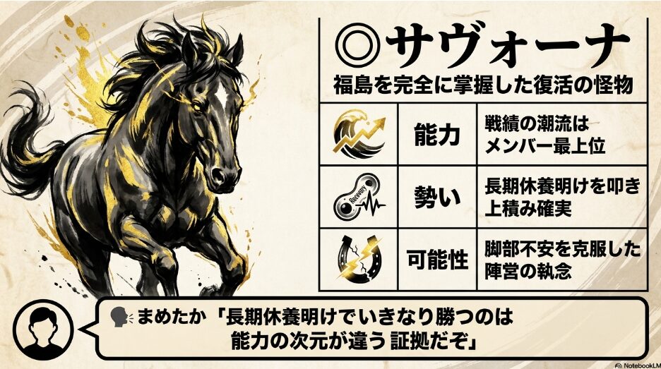 (◎サヴォーナ): 福島3戦3勝の「復活の怪物」の分析。能力・勢い・可能性の3項目に加え、「叩き2走目の今回は陣営も確実に重賞を獲りに来ている」という「まめたか」の熱い魂の吹き出しを配置