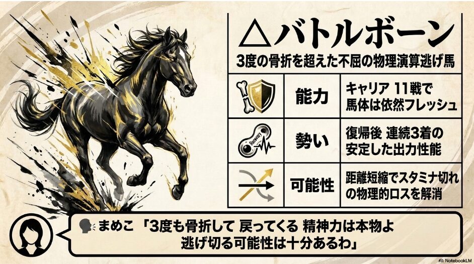 (△バトルボーン): 3度の骨折を超えた「不屈の逃げ馬」の分析。距離短縮による物理的ロスの解消を強調。「まめこ」による冷静な分析コメントを配置