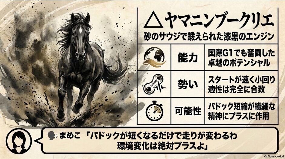 (△ヤマニンブークリエ): 砂のサウジで鍛えられた「漆黒のエンジン」の分析。パドック時間短縮という環境変数が繊細な本馬にプラスに働く仕組みを図解。「まめこ」のコメントを併記