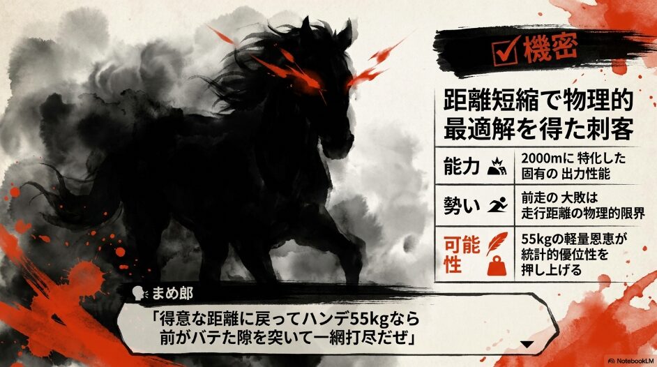 ✔︎刺客): 馬名を秘匿した戦略的スライド。「距離短縮で 物理的 最適解を 得た 刺客」と称し、55kgの軽量恩恵を活かす特性を記述。「まめ郎」のべらんめえ調の期待コメントを配置