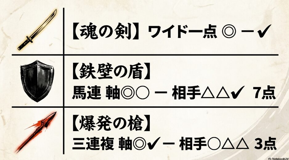 (最終陣形): 帝国買い目プロトコル「魂の剣(ワイド1点)」「鉄壁の盾(馬連7点)」「爆発の槍(三連複3点)」を独自のアイコンで図解