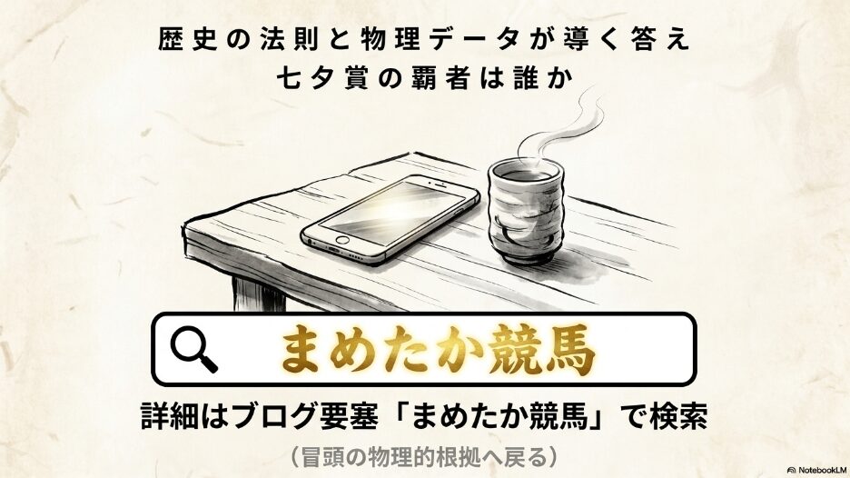 (最終結論): 背景に「まめたか競馬」のロゴと検索窓。最後の一言が冒頭へ繋がるウロボロス構造を持ち、指名検索へ強力に誘導する