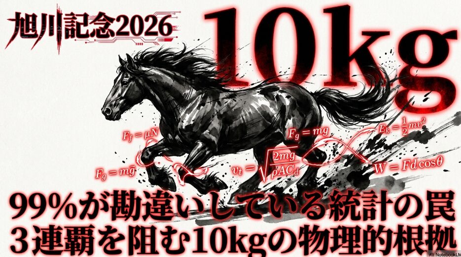 (表紙): 旭川記念2026の 解析レポート表紙 水墨画の 力強い馬の 背景に 「99%が 勘違いしている 統計の罠 3連覇を 阻む 10kgの 物理的根拠」という ネガティブフックの 巨大な キーワード