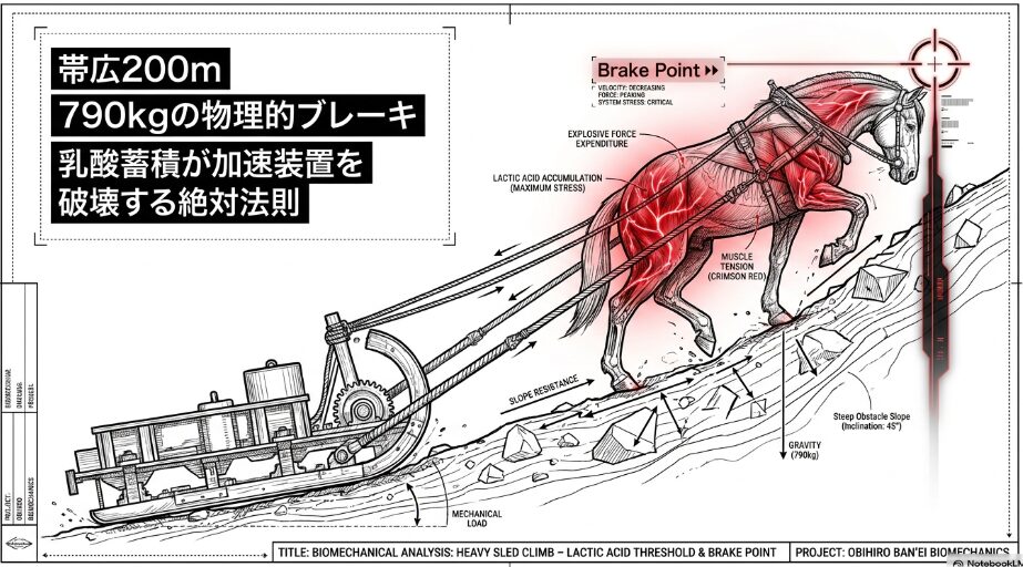 (戦場の罠): 帯広200mコースの 物理的解析図 790kgの 質量負荷が 第2障害で 物理的ブレーキとなり 乳酸蓄積が 加速装置を 破壊する 絶対法則を 示す アイコン