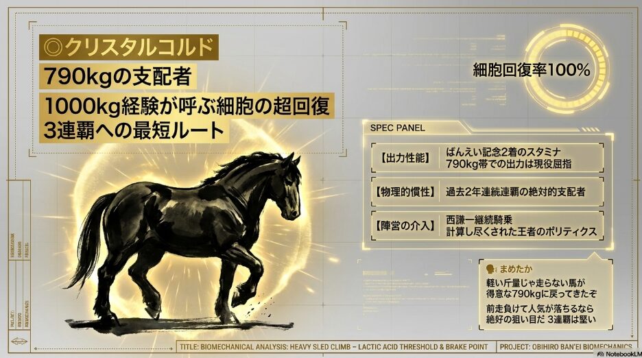 (◎クリスタルコルド): 最重要観測個体 クリスタルコルドの 分析 790kgの 支配者として 1000kg経験が 呼ぶ 細胞の 超回復と 3連覇への 最短ルートを 解説