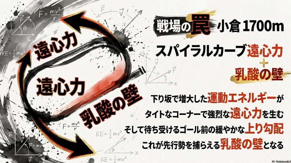 小倉 1700m スパイラルカーブ 遠心力 ＋ 乳酸の壁 [Slides 3]。下り坂で増大した運動エネルギーが遠心力となり、外を回る差し馬に物理的絶望を与える