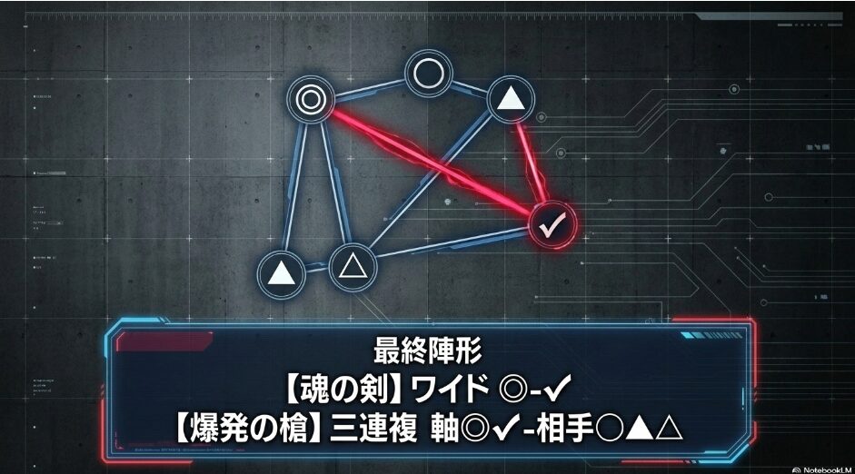 最終陣形): 帝国買い目プロトコルに基づく 最終陣形 【魂の剣】ワイド ◎-✔︎ および 【爆発の槍】三連複の 具体的な 組み合わせ図