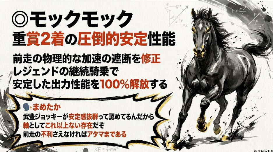 ◎ モックモック。重賞 2着 の 圧倒的 安定 性能 [Slides 3]。まめたかのセリフ：「武豊ジョッキーが安定感抜群って認めてるんだから軸としてこれ以上ない存在だぞ 前走の不利さえなければアタマまである