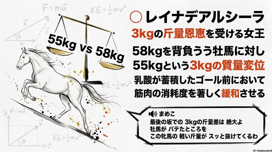 ◯ レイナデアルシーラ。3kg の 斤量 恩恵 を 受ける 女王 [Slides 3]。まめこのセリフ：「最後の坂での3kgの斤量差は絶大よ！牡馬がバテたところを この牝馬の軽い斤量がスッと抜けてくるわ