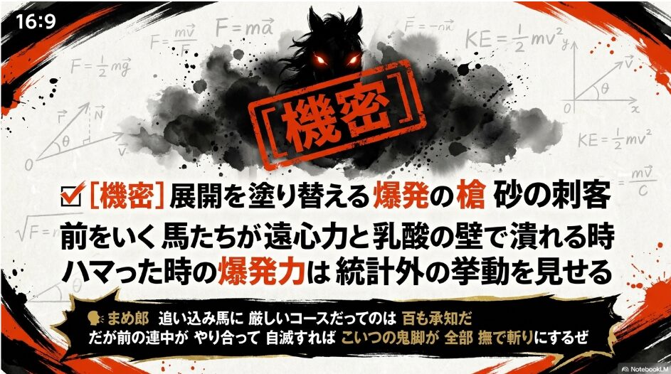 ✔︎ [機密]（名前を伏せたスナークラファエロ）。展開を 塗り替える 爆発の 槍 [Slides 3]。まめ郎のセリフ：「追い込み馬に厳しいコースだってのは百も承知だ だが前の連中がやり合って自滅すれば こいつの鬼脚が全部撫で斬りにするぜ