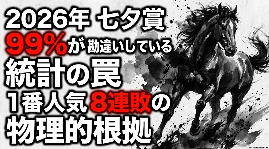 表紙): 激しく動く水墨画の馬を背景に「99%が 勘違いしている 統計の 罠」「1番人気 8連敗の 物理的 根拠」と巨大な文字で構成