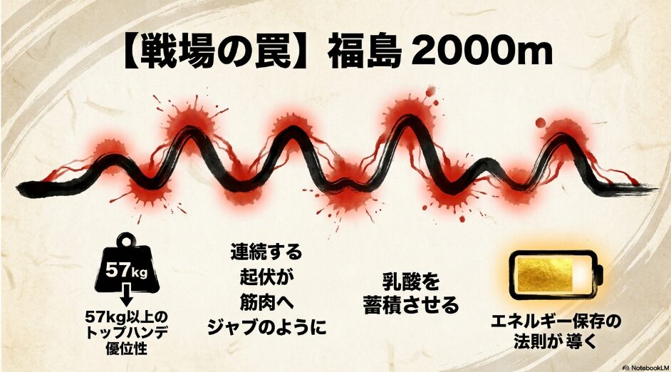 (戦場分析): 福島2,000mの起伏図を中央に配置。「連続する 起伏が 筋肉へ ジャブのように 乳酸を 蓄積させる」という戦場の物理的罠を断定的に記述
