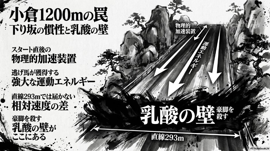  小倉芝1200m コース解析 下り坂の慣性と 乳酸の壁 2コーナーからの 物理的加速装置と 293mの 短い直線が もたらす 先行優位の 法則