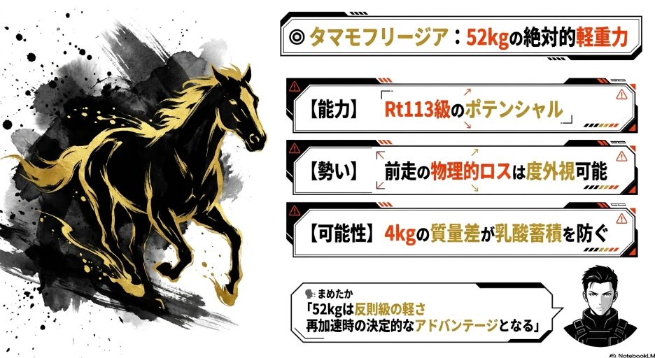 (◎タマモフリージア): 「52kgの絶対的軽重力」の文字。まめたかの吹き出し「52kgは反則級の軽さだぞ」を配置
