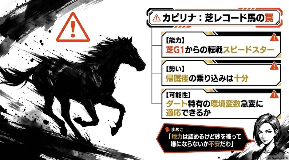 △カピリナ): 「芝レコード馬の罠」の文字。芝GIからの転戦による環境変数の急変を指摘。まめこの「砂を被って嫌にならないかが不安」というコメント