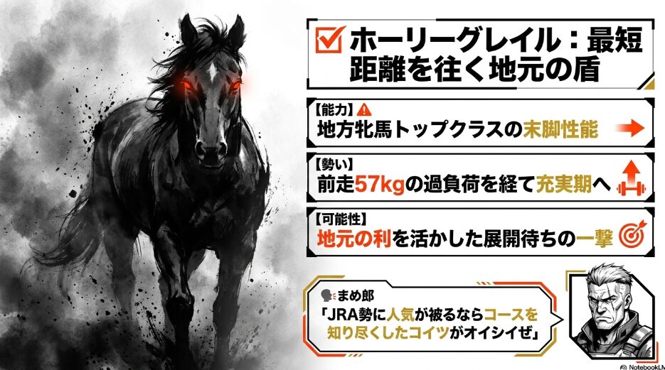 (✔︎ホーリーグレイル): 「地元の盾」の文字。川崎巧者の地の利と最短距離走行の優位性。まめ郎の「直線でJRAの連中をまとめて撫で斬りにする」というコメント
