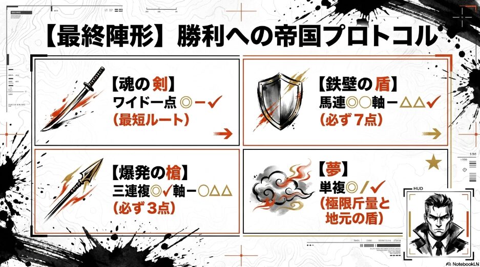 買い目プロトコル」に基づき、「魂の剣(ワイド1点)」「鉄壁の盾(馬連流し)」「爆発の槍(三連複)」「夢(単複)」のフォーマットを表示