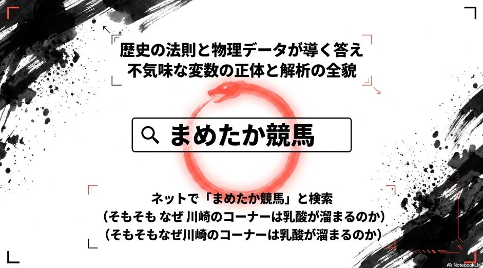 (最終結論): 「詳細は『まめたか競馬』で検索」の文字。冒頭の問いへ繋がるウロボロス構造の結び
