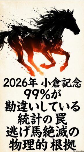  2026年 小倉記念の 戦略用 スライド 表紙。 99%が 勘違いしている 統計の 罠と 強制加速の 物理を テーマにした 豪快な 水墨画 デザイン
