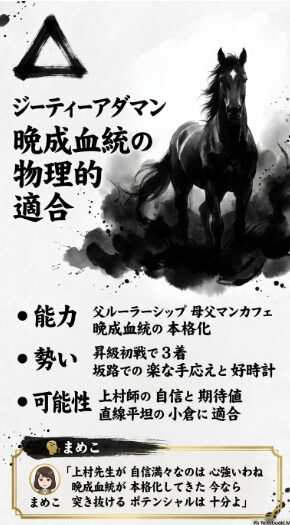 （△ジーティーアダマン）： 鉄壁の盾 ジーティーアダマンの 分析。 坂路52.1秒の 卓越した 登坂性能と 本格化した 晩成の血を 強調