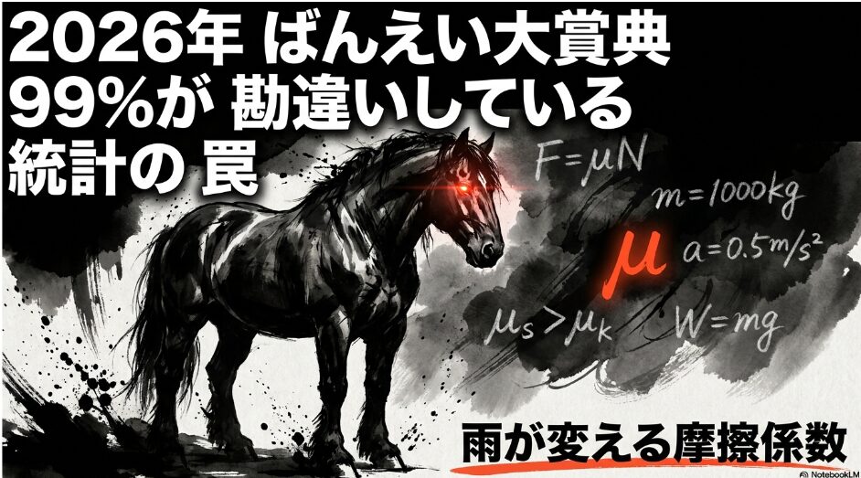 2026年ばんえい大賞典の解析表紙　爆発的な水墨画の背景に朱赤と金色の文字　「99%が勘違いしている統計の罠」「雨が変える摩擦係数」という衝撃的なフックが左側に配置されている