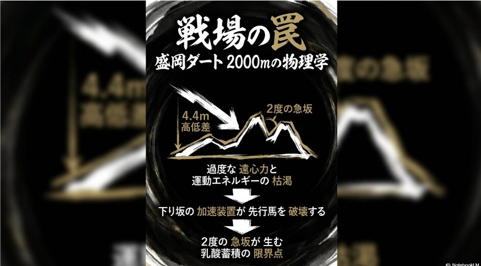 戦場の 解析 結論 盛岡 2000mは サバイバル 装置だ 3コーナーでの 加速が 最後の 急坂で 乳酸の 壁を 創り出す 底力の ない 個体は 物理的に 停止する