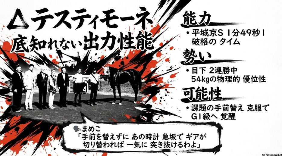 △ テスティモーネ 破格の タイムで クラスの 壁を 破壊した 細胞の 衝撃 能力: 前走 1分 49秒 1という 重賞級の 出力 数値
勢い: 現在 2連勝中 54kgの 物理的 優位性
可能性: 幸 騎手が 指摘する 手前替えの 課題 克服なら 突き抜ける
🗣️ まめこ 「手前を 替えずに あの 時計は 底知れないわね G1級の 器よ」