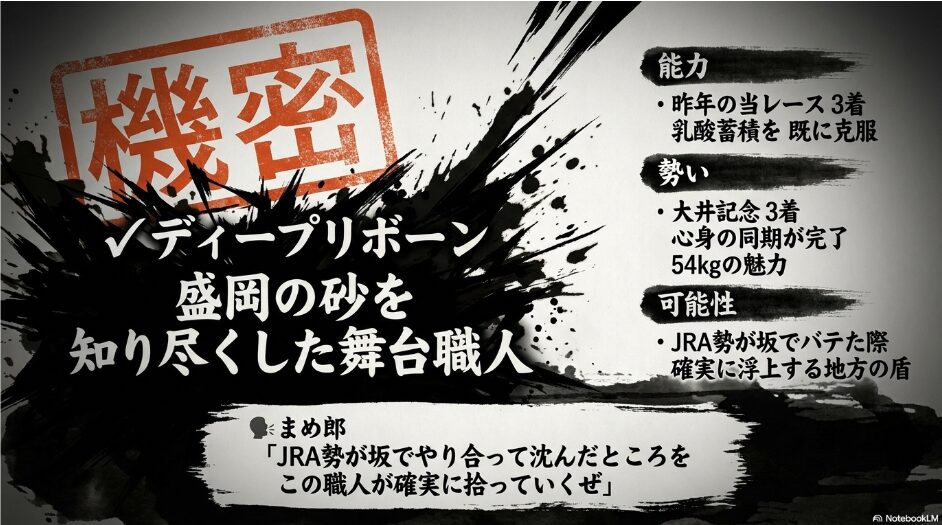 ✔︎ 秘匿された 舞台 職人 盛岡の 砂を 知り尽くした 鉄壁の 盾(機密個体) 能力: 昨年の 当レース 3着馬 2度の 坂を すでに 克服済み
勢い: 大井記念 3着で 心身の 同期 完了 54kgは 魅力
可能性: 中央 勢が 坂で バテた 隙を 確実に 射抜く 統計的 安定性
🗣️ まめ郎 「へっ! JRAの 坊ちゃんたちが バテた ところを この 職人が 拾うぜ」