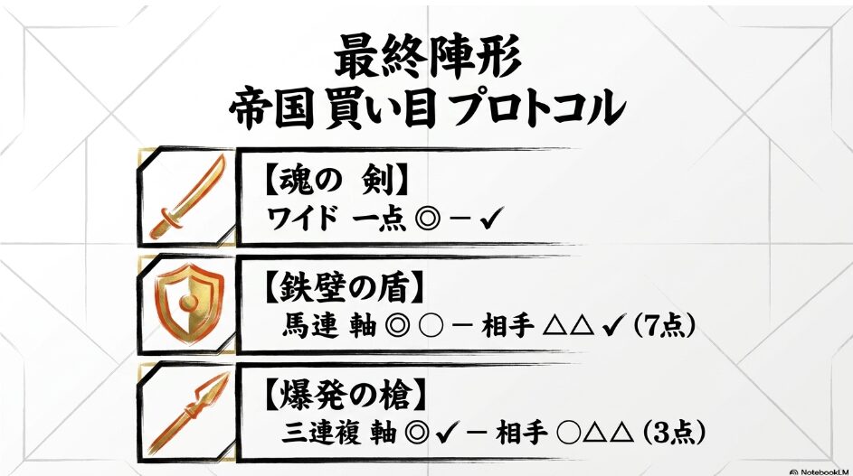 最終 陣形 帝国 買い目 プロトコル 【魂の 剣】 ワイド一点 ◎ - ✔︎ 【鉄壁の 盾】 馬連 軸◎◯ - 相手△△✔︎(7点) 【爆発の 槍】 三連複 軸◎✔︎ - 相手◯△△(3点)