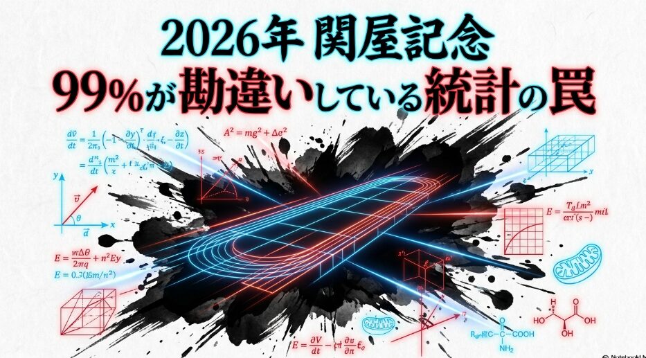爆発的な水墨画（Sumi-e）スタイルで描かれた疾走する馬の背景。中央に「2026年 関屋記念 99%が勘違いしている統計の罠」という巨大なタイトル。読者の損失回避心理を突く強烈なフック
