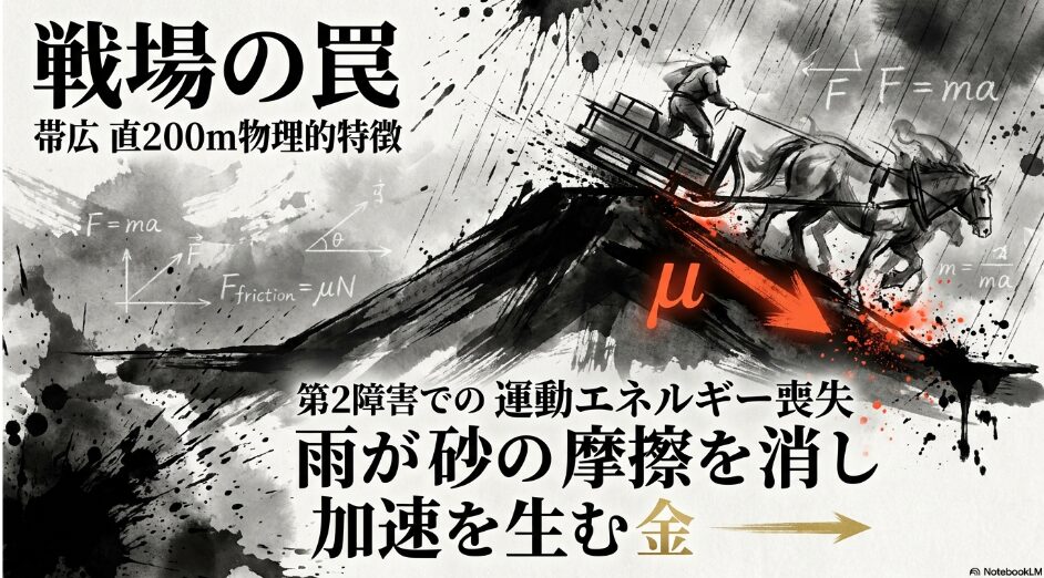 帯広競馬場直200mコースの物理解析図　第2障害の急勾配での「運動エネルギー喪失」を警告　雨による砂の水分量増加が「摩擦を消し加速を生む」メカニズムを矢印で図解している