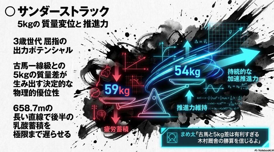 ◯ サンダーストラック）： 3歳馬の躍動的な墨絵。54kgの斤量による「5kgの質量変位と推進力」を強調。まめ太の吹き出しで「古馬と5kg差は有利すぎる 木村厩舎の勝算を信じるよ」と記載