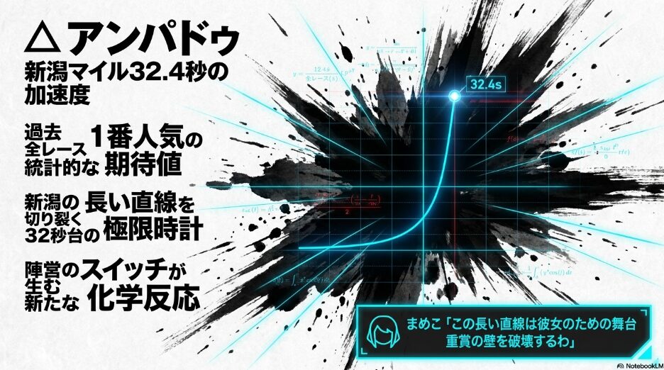 （△ アンパドゥ）： 直線で加速する馬の墨絵。新潟マイルで記録した「上がり32.4秒」という異次元の加速度を提示。まめこの吹き出しで「この長い直線は彼女のための舞台 重賞の壁を破壊するわ」と記載